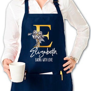 Personalized Initial Apron, Baking Aprons, Personalized Apron For Women, Baking Gift, Flowers Apron, Cooking Gift for Her, Gold Letters