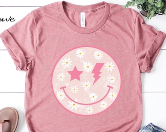 Daisy Smile T-Shirt: Happy Face Tee, Pink Graphic Shirt