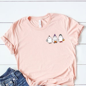 Baby Ghosts Graphic Tee, Short-sleeve Cute Halloween Spooky T Shirts, Cute Halloween T Shirt Gifts for Her, Pocket Size Halloween T Shirt
