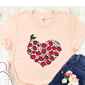 Cherry Heart Shirt, Inspirational Tee, Love Shirt, Peace Tee, Love Tee, Cherry Lover Shirt, Gift for Her, Valentines Day Gift, Fruit Shirt