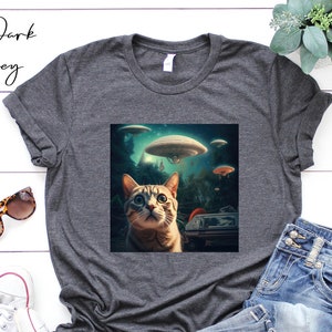 Cat Selfie with UFOs Shirt, Crewneck and v-neck cat shirt, Cat Lover Alien Tshirt, Alien invasion Graphic Tee, Women and Men Mysterious Tee