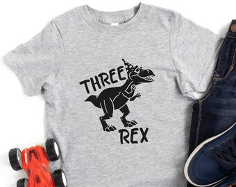 May include: A gray t-shirt with a black dinosaur wearing a party hat and the text "Three Rex".