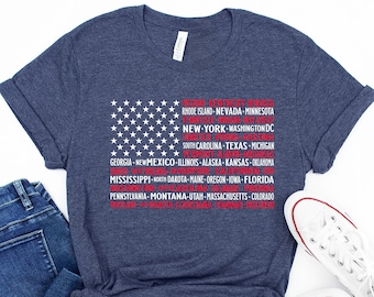 Vintage American Flag Tee with States, Fourth of July Tees, United States Tshirts, July 4th Graphic Tee, USA Shirts, Patriotic T Shirts