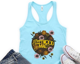 Unisex Custom Handmade Music Rock Band Tank Top, Fleetwood Mac Sleeveless T Shirt, Cool Women Band Tank, Vintage Floral Rock Graphic Design