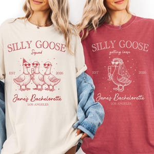 May include: Two t-shirts, one cream and one red, featuring the text "SILLY GOOSE" and "Jane's Bachelorette LOS ANGELES". The cream shirt has a graphic of three geese wearing sunglasses. The red shirt has a goose with a champagne glass.