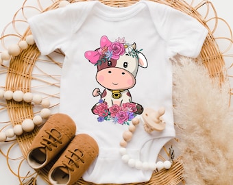 Floral Cow Girl Baby Onesie: Farm Animal Bodysuit