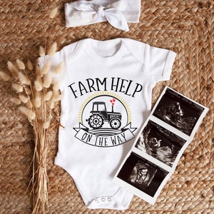 Farm Help on the Way Baby Onesie®, Farmer Baby Announcement Bodysuit, Cute Pregnancy Reveal Bodysuit, Tractor Romper, Pregnancy Announcement