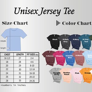 Puede incluir: Tabla de tallas para camiseta de jersey unisex con medidas en pulgadas y libras. La tabla muestra las tallas de pecho, longitud y ajuste para las tallas XS a 3XL. Una tabla de colores muestra 15 colores diferentes de camisetas.