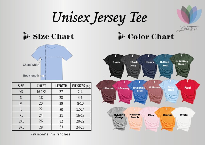 Puede incluir: Tabla de tallas para camiseta de jersey unisex con medidas en pulgadas y libras. La tabla muestra las tallas de pecho, longitud y ajuste para las tallas XS a 3XL. Una tabla de colores muestra 15 colores diferentes de camisetas.