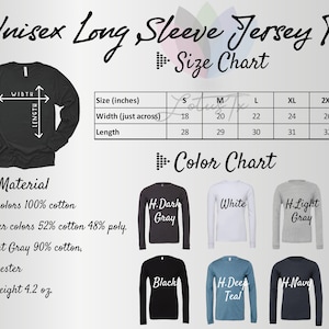 Puede incluir: Tabla de tallas para una camiseta de manga larga de punto jersey unisex. La tabla muestra las tallas desde la S hasta la 2XL con las medidas de ancho y largo correspondientes en pulgadas. El material se describe como 100% algod&oacute;n para los colores s&oacute;lidos, 52% algod&oacute;n y 48% poli&eacute;ster para los colores jaspeado, y 90% algod&oacute;n y 10% poli&eacute;ster para el gris jaspeado claro. La camiseta es ligera, con 4,2 onzas.