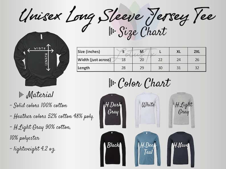 Puede incluir: Tabla de tallas para una camiseta de manga larga de punto jersey unisex. La tabla muestra las tallas desde la S hasta la 2XL con las medidas de ancho y largo correspondientes en pulgadas. El material se describe como 100% algod&oacute;n para los colores s&oacute;lidos, 52% algod&oacute;n y 48% poli&eacute;ster para los colores jaspeado, y 90% algod&oacute;n y 10% poli&eacute;ster para el gris jaspeado claro. La camiseta es ligera, con 4,2 onzas.