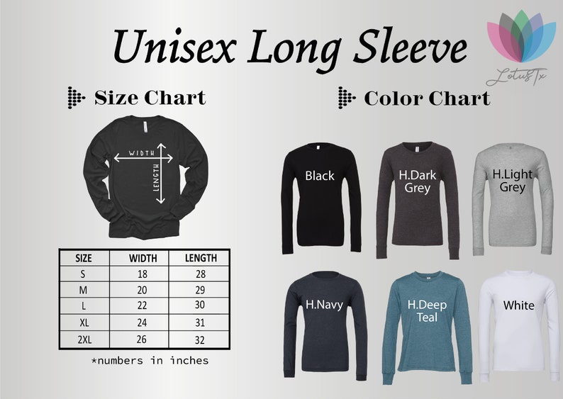 Puede incluir: Tabla de tallas para camisas de manga larga unisex. La tabla muestra el ancho y la longitud en pulgadas para las tallas S, M, L, XL y 2XL. La tabla de colores muestra las camisas en negro, gris oscuro, gris claro, azul marino, verde azulado y blanco.