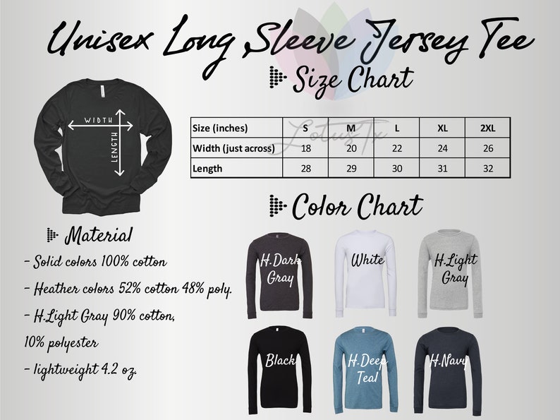 Puede incluir: Tabla de tallas para una camiseta de manga larga de punto jersey unisex. La tabla muestra las tallas desde la S hasta la 2XL con las medidas de ancho y largo correspondientes en pulgadas. El material se describe como 100% algod&oacute;n para los colores s&oacute;lidos, 52% algod&oacute;n y 48% poli&eacute;ster para los colores jaspeado, y 90% algod&oacute;n y 10% poli&eacute;ster para el gris jaspeado claro. La camiseta es ligera, con 4,2 onzas.