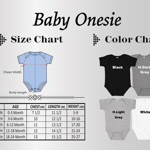 Puede incluir: Tabla de tallas para bodys de beb&eacute; con medidas en pulgadas y libras. La tabla muestra el pecho, la longitud y el peso para reci&eacute;n nacidos hasta los 24 meses. La tabla de colores muestra cinco colores: negro, gris oscuro, gris claro y blanco.