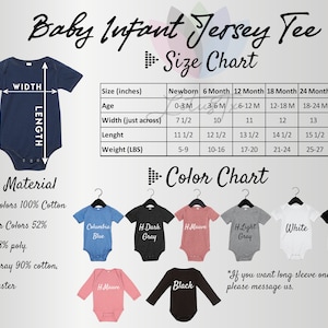 May include: Size chart for baby infant jersey tees, showing measurements in inches for newborn to 24 months.  The chart includes age, width, length, and weight.  The material is 100% cotton for solid colors, 52% cotton and 48% polyester for heather colors, and 90% cotton and 10% polyester for light gray.  The color chart shows the available colors: Columbia Blue, H. Dark Gray, H. Mauve, H. Light Gray, White, and Black.
