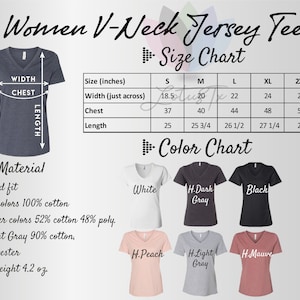 K&ouml;nnte beinhalten: Gr&ouml;&szlig;entabelle f&uuml;r ein Damen-V-Neck-Jersey-Shirt, mit Ma&szlig;en in Zoll f&uuml;r die Gr&ouml;&szlig;en S, M, L, XL und 2XL. Die Tabelle enth&auml;lt die Ma&szlig;e f&uuml;r Breite, Brustumfang und L&auml;nge. Ein Farbdiagramm zeigt das Shirt in Wei&szlig;, Dunkelgrau meliert, Schwarz, Pfirsich, Hellgrau meliert und Mauve.