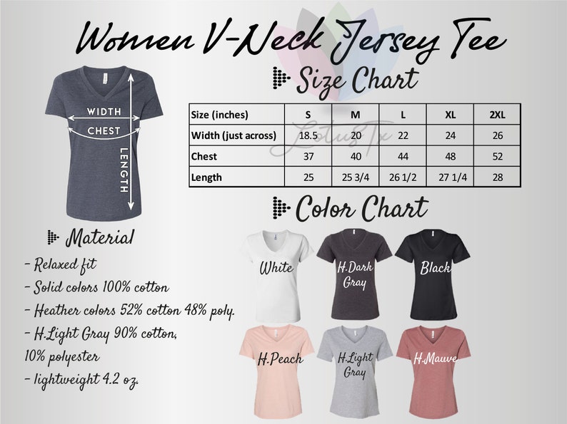 K&ouml;nnte beinhalten: Gr&ouml;&szlig;entabelle f&uuml;r ein Damen-V-Neck-Jersey-Shirt, mit Ma&szlig;en in Zoll f&uuml;r die Gr&ouml;&szlig;en S, M, L, XL und 2XL. Die Tabelle enth&auml;lt die Ma&szlig;e f&uuml;r Breite, Brustumfang und L&auml;nge. Ein Farbdiagramm zeigt das Shirt in Wei&szlig;, Dunkelgrau meliert, Schwarz, Pfirsich, Hellgrau meliert und Mauve.