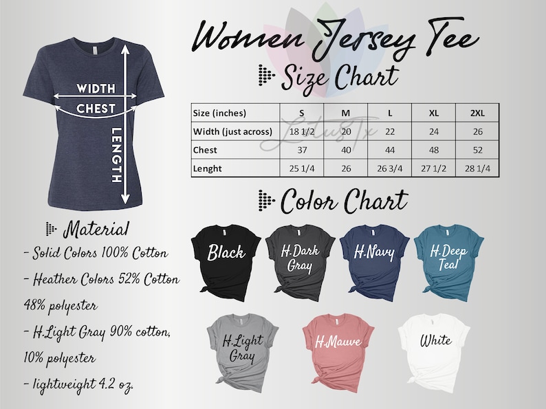 K&ouml;nnte beinhalten: Eine Gr&ouml;&szlig;entabelle und eine Farbtabelle f&uuml;r ein Damen-Jersey-Shirt. Die Tabelle zeigt die Breite, Brustumfang und L&auml;nge in Zoll f&uuml;r die Gr&ouml;&szlig;en S, M, L, XL und 2XL. Die Farbtabelle zeigt die verschiedenen verf&uuml;gbaren Farben, darunter Schwarz, Dunkelgrau, Marine, Dunkelblau, Hellgrau, Mauve und Wei&szlig;.