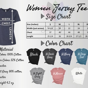 K&ouml;nnte beinhalten: Eine Gr&ouml;&szlig;entabelle und eine Farbtabelle f&uuml;r ein Damen-Jersey-Shirt. Die Tabelle zeigt die Breite, Brustumfang und L&auml;nge in Zoll f&uuml;r die Gr&ouml;&szlig;en S, M, L, XL und 2XL. Die Farbtabelle zeigt die verschiedenen verf&uuml;gbaren Farben, darunter Schwarz, Dunkelgrau, Marine, Dunkelblau, Hellgrau, Mauve und Wei&szlig;.