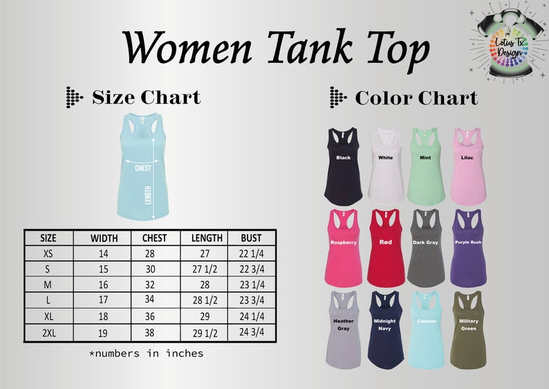 May include: A size chart for women's tank tops with measurements in inches. The chart shows the size, width, chest, length, and bust measurements for sizes XS to 2XL. A color chart shows 12 different colors of tank tops, including black, white, mint, lilac, raspberry, red, dark gray, purple rush, heather gray, midnight navy, coral, and military green.