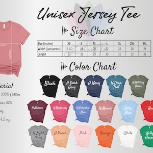 K&ouml;nnte beinhalten: Gr&ouml;&szlig;entabelle f&uuml;r ein Unisex-Jersey-T-Shirt mit Ma&szlig;en in Zoll. Die Farbkarte zeigt 17 verschiedene Farben, darunter Schwarz, Marine, Teal, Rotbraun, Himbeere, Rosa, Orange, Wei&szlig; und Kellygr&uuml;n.