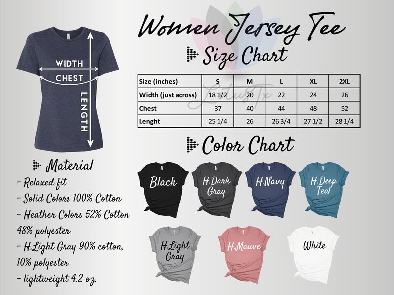 K&ouml;nnte beinhalten: Gr&ouml;&szlig;entabelle f&uuml;r Damen-Jersey-T-Shirts mit Ma&szlig;en in Zoll. Die Tabelle zeigt die Gr&ouml;&szlig;en S, M, L, XL und 2XL. Die Farbtabelle zeigt folgende Farben: Schwarz, Dunkelgrau, Marineblau, Dunkelblau, Hellgrau, Mauve und Wei&szlig;.