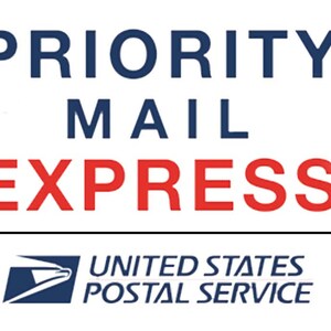 May include: A blue and red logo for Priority Mail Express, a service of the United States Postal Service.