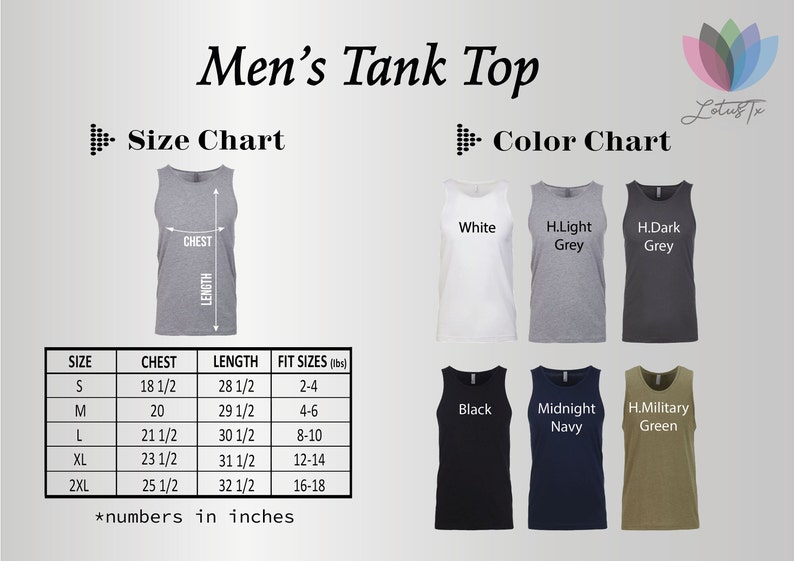 May include: Size chart for a men's tank top with measurements in inches and pounds. The chart shows chest and length measurements for sizes S, M, L, XL, and 2XL. The color chart shows six different colors: white, light grey, dark grey, black, midnight navy, and military green.