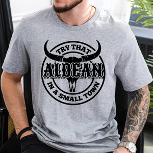 May include: Gray t-shirt with a black bull skull graphic and the text "Try That In A Small Town" and "ALDEAN".