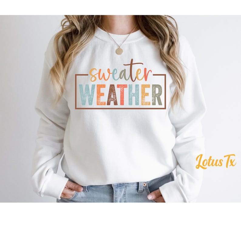 May include: White sweatshirt with the text "sweater weather" in colorful letters inside a brown rectangle.