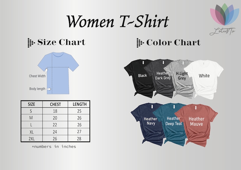 Puede incluir: Una tabla de tallas para camisetas de mujer con medidas en pulgadas. La tabla muestra las medidas de pecho y largo para las tallas S, M, L, XL y 2XL. Una tabla de colores muestra los colores disponibles: Negro, Gris oscuro jaspeado, Gris claro jaspeado, Blanco, Azul marino jaspeado, Azul turquesa jaspeado y Malva jaspeado.