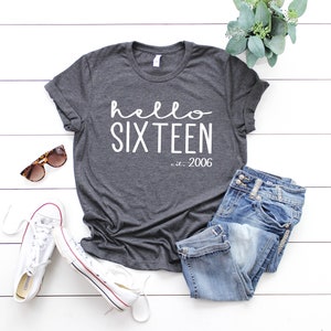 May include: A dark gray t-shirt with the text "hello sixteen est. 2006" in white. The shirt is laid out on a white wooden surface with a pair of sunglasses, a pair of white sneakers, and a pair of blue jeans.