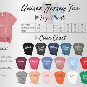 K&ouml;nnte beinhalten: Gr&ouml;&szlig;entabelle f&uuml;r Unisex-Jersey-T-Shirts mit Ma&szlig;en in Zoll. Farbkarte mit 18 verschiedenen T-Shirt-Farben.