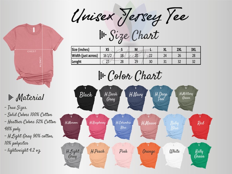 K&ouml;nnte beinhalten: Gr&ouml;&szlig;entabelle f&uuml;r Unisex-Jersey-T-Shirts mit Ma&szlig;en in Zoll. Farbkarte mit 18 verschiedenen T-Shirt-Farben.