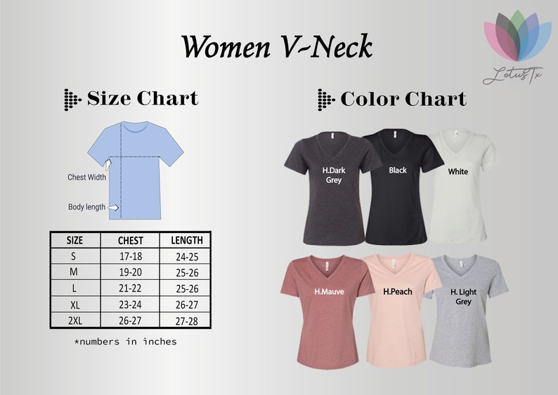 Puede incluir: Tabla de tallas para camisas de cuello en V para mujeres con medidas en pulgadas. La tabla muestra las medidas de pecho y largo para las tallas S, M, L, XL y 2XL. Una tabla de colores muestra seis colores diferentes: gris oscuro, negro, blanco, malva, melocot&oacute;n y gris claro.