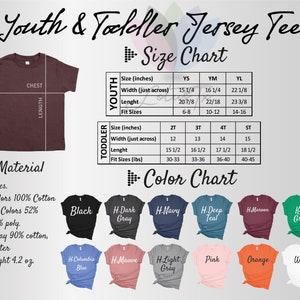 K&ouml;nnte beinhalten: Gr&ouml;&szlig;entabelle f&uuml;r Jugend- und Kleinkind-Jersey-Shirts. Die Tabelle zeigt die Gr&ouml;&szlig;en in Zoll und die Gewichtsbereiche in Pfund. Die Farbtabelle zeigt eine Vielzahl von Farben, darunter Schwarz, Marine, Teal, Maroon, Kellygr&uuml;n, Pink, Orange, Wei&szlig;, Hellgrau, Dunkelgrau, Mauve und Columbia Blau.