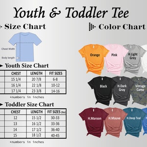 Puede incluir: Tabla de tallas para camisetas de ni&ntilde;os y beb&eacute;s. La tabla muestra las medidas de pecho y largo en pulgadas, as&iacute; como los rangos de edad y peso correspondientes. La tabla tambi&eacute;n incluye una tabla de colores con varios colores de camisetas, incluyendo naranja, rosa, gris claro, blanco, negro, gris oscuro, camuflaje vintage, granate, malva, azul oscuro y azul Columbia.