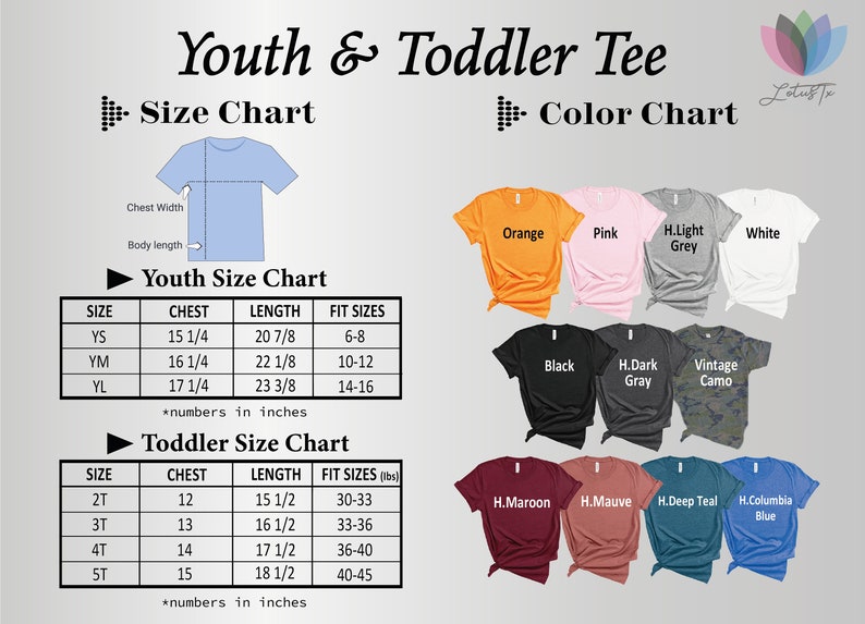 Puede incluir: Tabla de tallas para camisetas de ni&ntilde;os y beb&eacute;s. La tabla muestra las medidas de pecho y largo en pulgadas, as&iacute; como los rangos de edad y peso correspondientes. La tabla tambi&eacute;n incluye una tabla de colores con varios colores de camisetas, incluyendo naranja, rosa, gris claro, blanco, negro, gris oscuro, camuflaje vintage, granate, malva, azul oscuro y azul Columbia.