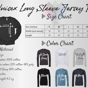 K&ouml;nnte beinhalten: Gr&ouml;&szlig;entabelle f&uuml;r ein Unisex-Langarm-Jersey-Shirt. Die Tabelle zeigt die Ma&szlig;e in Zoll f&uuml;r Breite und L&auml;nge f&uuml;r die Gr&ouml;&szlig;en S, M, L, XL und 2XL. Eine Farbtabelle zeigt die verschiedenen verf&uuml;gbaren Farben: Dunkelgrau, Wei&szlig;, Hellgrau, Schwarz, Dunkelblau und Marineblau.