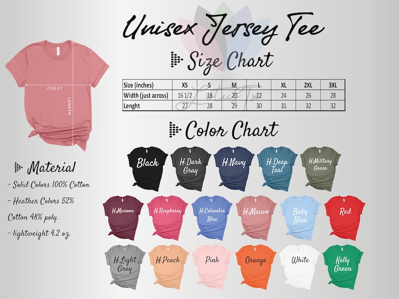 K&ouml;nnte beinhalten: Gr&ouml;&szlig;entabelle f&uuml;r ein Unisex-Jersey-T-Shirt mit Ma&szlig;en in Zoll. Die Farbkarte zeigt 17 verschiedene Farben, darunter Schwarz, Marine, Teal, Rotbraun, Himbeere, Rosa, Orange, Wei&szlig; und Kellygr&uuml;n.