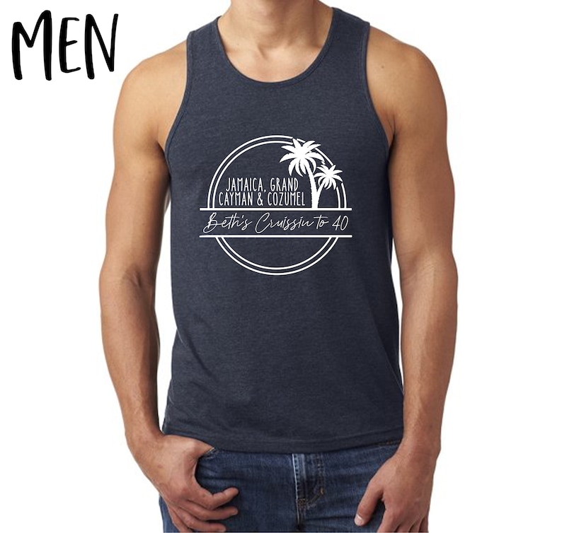 May include: A navy blue tank top with a white graphic of palm trees and the text "Jamaica, Grand Cayman & Cozumel Beth's Cruisin' to 40"