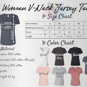 May include: A size chart and color chart for a women's V-neck jersey tee. The chart shows the measurements in inches for sizes S, M, L, XL, and 2XL. The color chart shows the different colors available, including white, dark gray, black, navy, peach, and light gray.