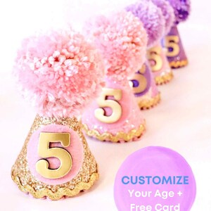 5th Birthday - Birthday Girl - Birthday Hat  - Custom Handmade USA - Pink Purple Gold Options - Free Greeting Card