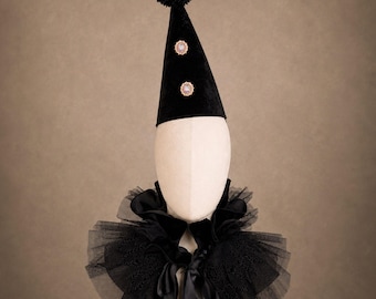 Jeweled Velvet Clown Costume,  Pierrot Clown, Renaissance Fair Halloween Costume - Black Velvet Satin
