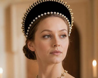 Renaissance Headband, Black Velvet with Pearls and Gold Trim (Comfort Fit)