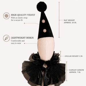 a mannequin head wearing a black velvet hat with a pom pom, a lightweight design, and a collar height of 3 inches. The caplet has a caplet length of 7 inches.