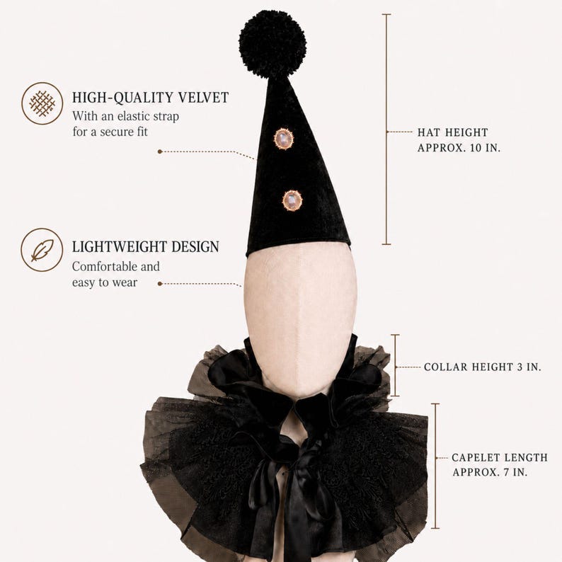 a mannequin head wearing a black velvet hat with a pom pom, a lightweight design, and a collar height of 3 inches. The caplet has a caplet length of 7 inches.