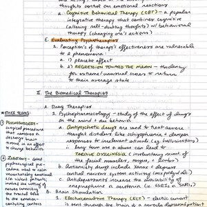 May include: Handwritten notes on lined paper discussing cognitive and biomedical therapies. The notes include terms like 'Cognitive Behavioral Therapy', 'Psychopharmacology', 'Electroconvulsive Therapy', and 'Repetitive Transcranial Magnetic Stimulation'.