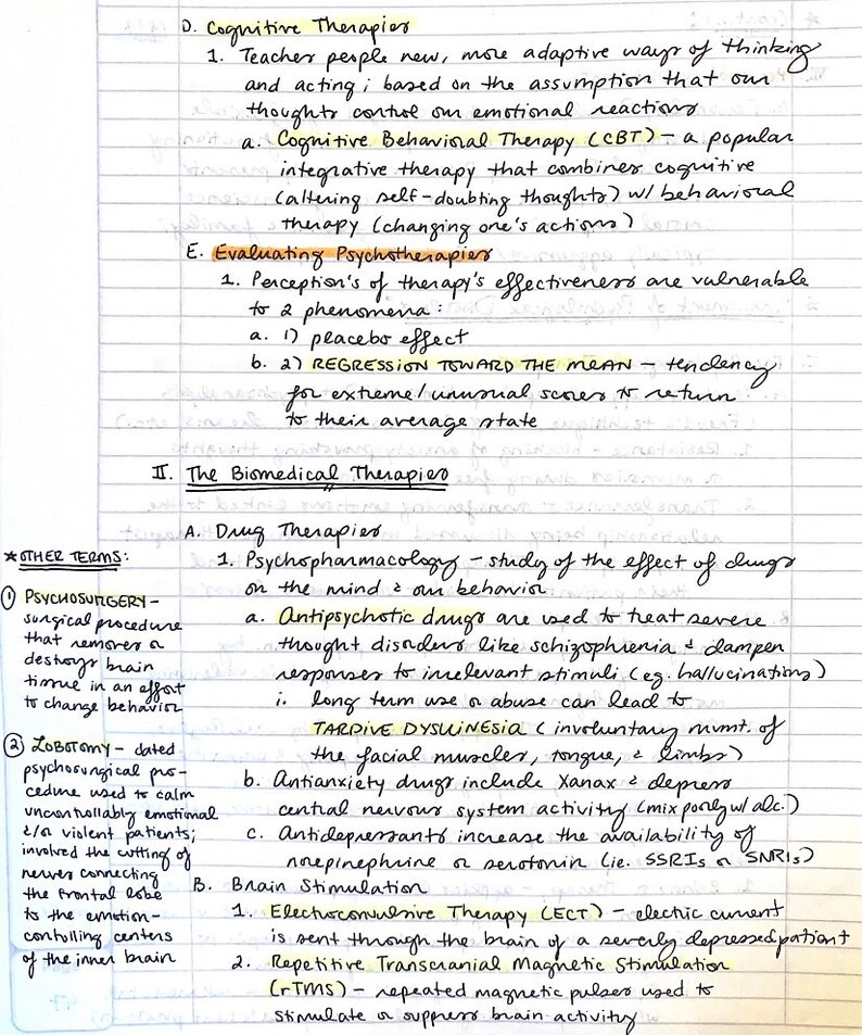 May include: Handwritten notes on lined paper discussing cognitive and biomedical therapies. The notes include terms like 'Cognitive Behavioral Therapy', 'Psychopharmacology', 'Electroconvulsive Therapy', and 'Repetitive Transcranial Magnetic Stimulation'.