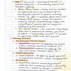 May include: Handwritten notes on lined paper about theories of emotion, including the James-Lange Theory, Cannon-Bard Theory, and Two-Factor Theory. The notes also discuss detecting emotion through the autonomic nervous system, facial expressions, and polygraphs.